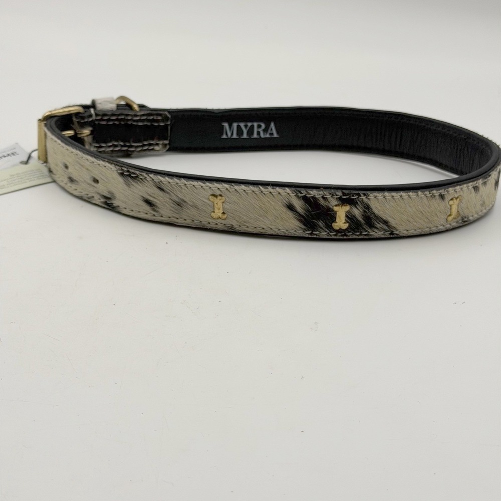 Myra Bag Cowhide Dog Collar Black White Spotted Leather Gold Bone Studs NEW Sz L